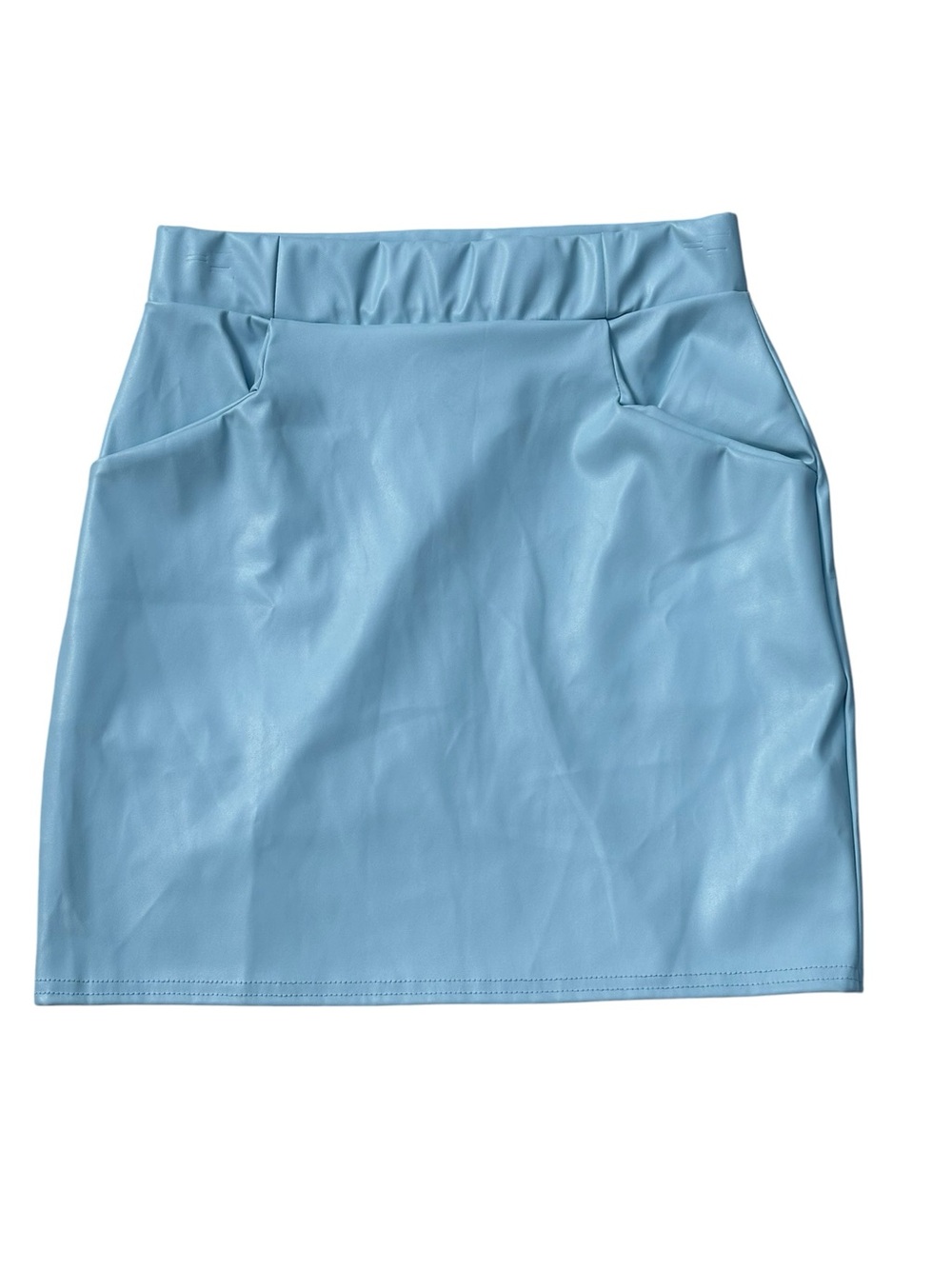 PrettyLittleThing Mini Skirt, Powder Blue Faux Leather, Shiny Skirt, Size 6, NWT